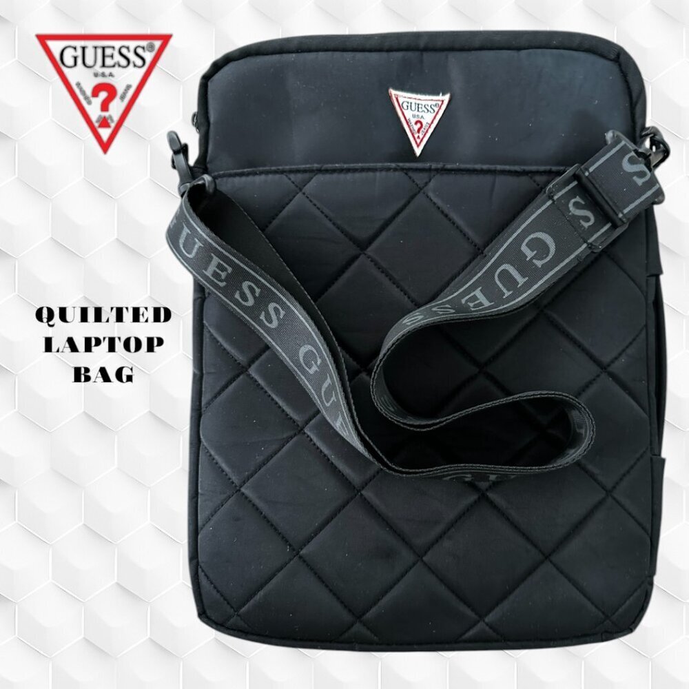 Guess Black Laptop Bag with Quilted Texture and Adjustable Strap